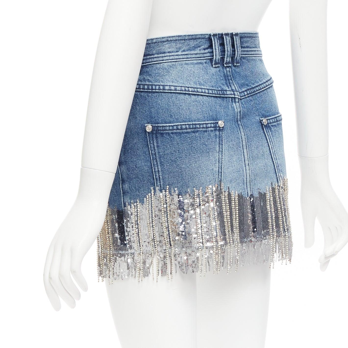 BALMAIN washed blue denim silver crystal sequins fringe mini skirt FR34 XS 1