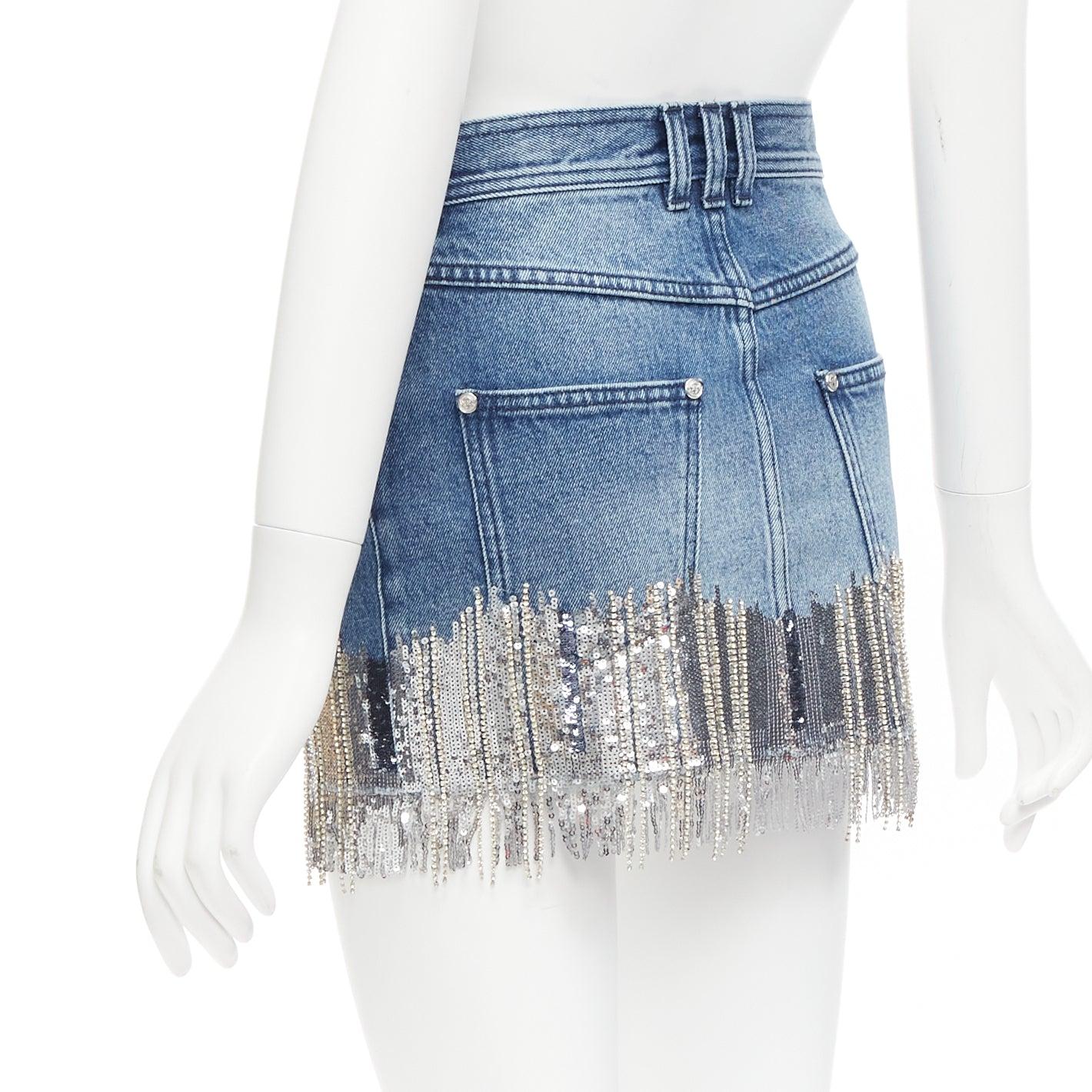BALMAIN washed blue denim silver crystal sequins fringe mini skirt FR34 XS For Sale 2