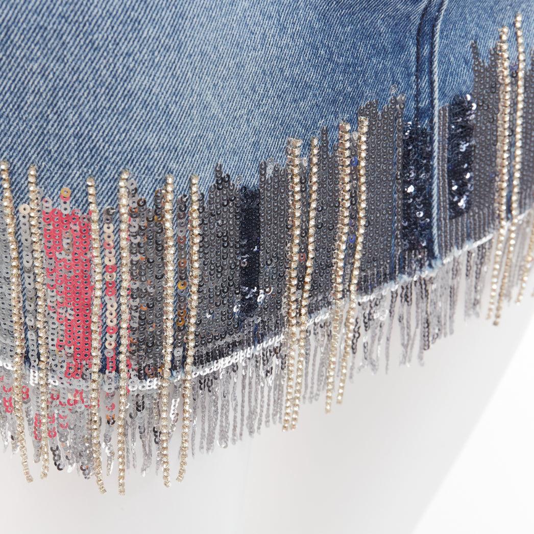 BALMAIN washed blue denim silver crystal sequins fringe mini skirt FR34 XS 2