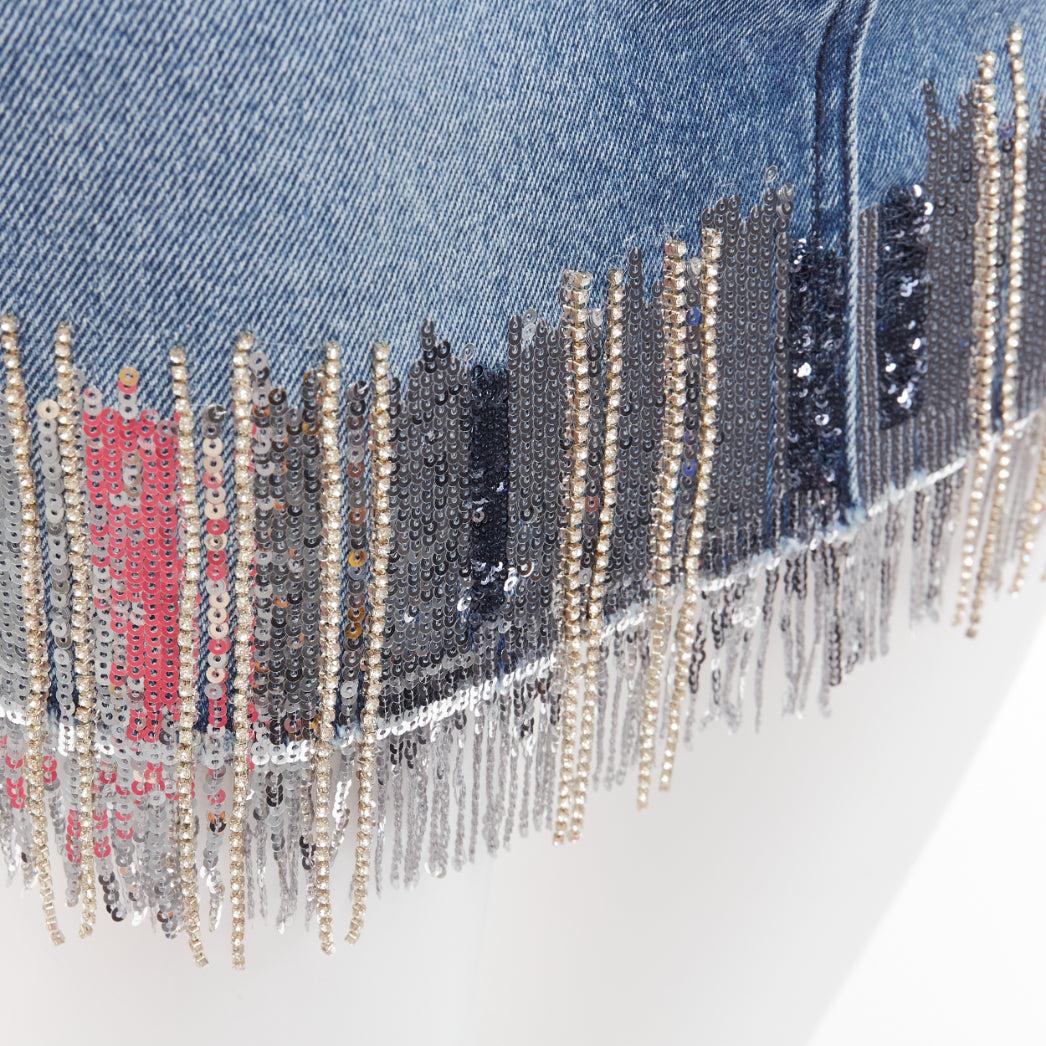 BALMAIN washed blue denim silver crystal sequins fringe mini skirt FR34 XS For Sale 3