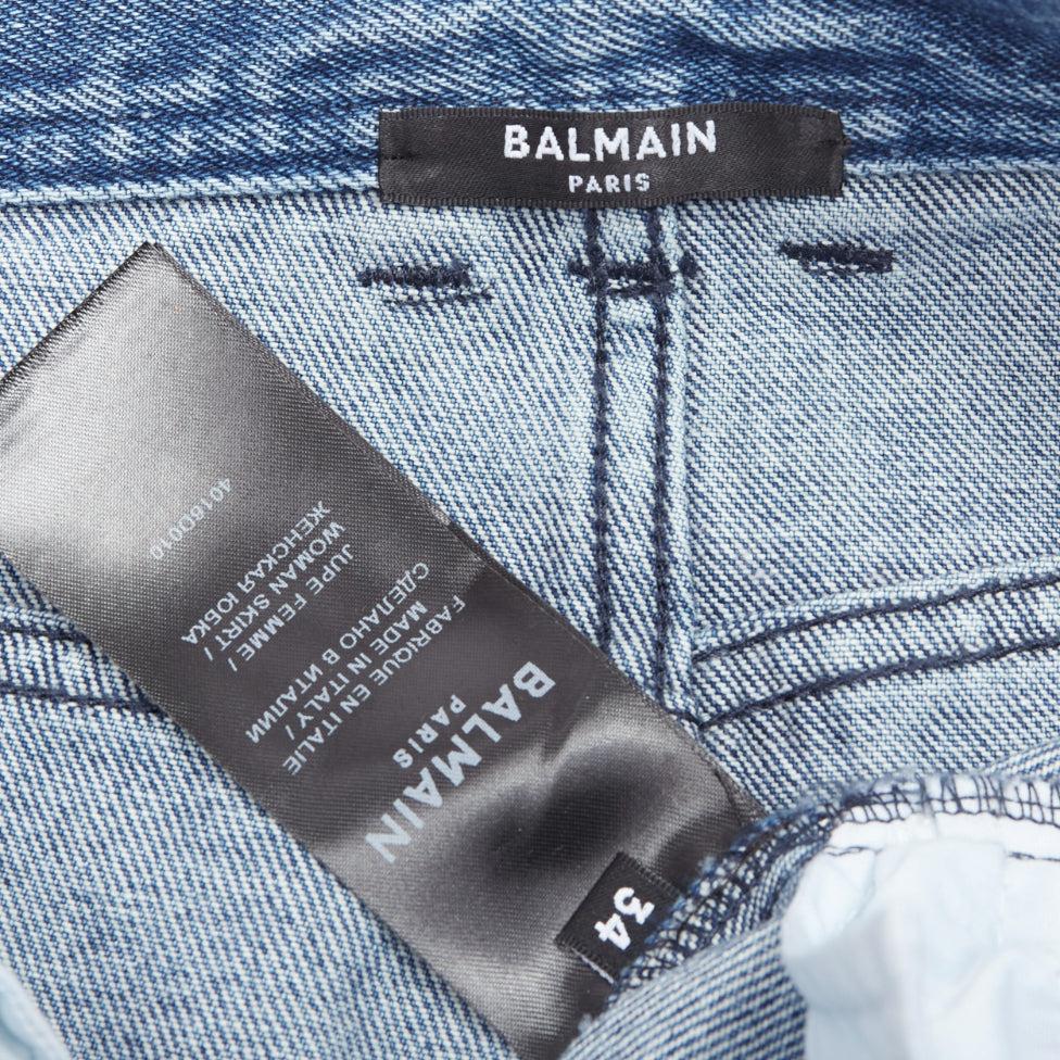 BALMAIN washed blue denim silver crystal sequins fringe mini skirt FR34 XS 3