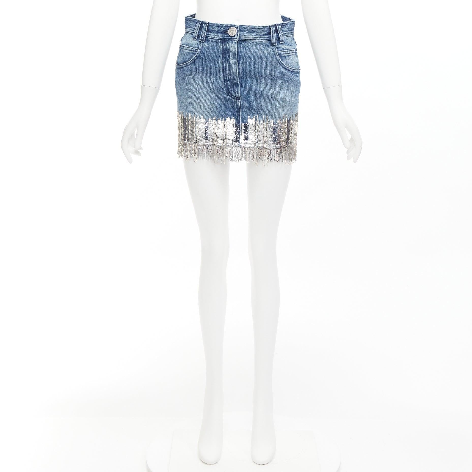 BALMAIN washed blue denim silver crystal sequins fringe mini skirt FR34 XS 4