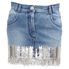 BALMAIN washed blue denim silver crystal sequins fringe mini skirt FR34 XS