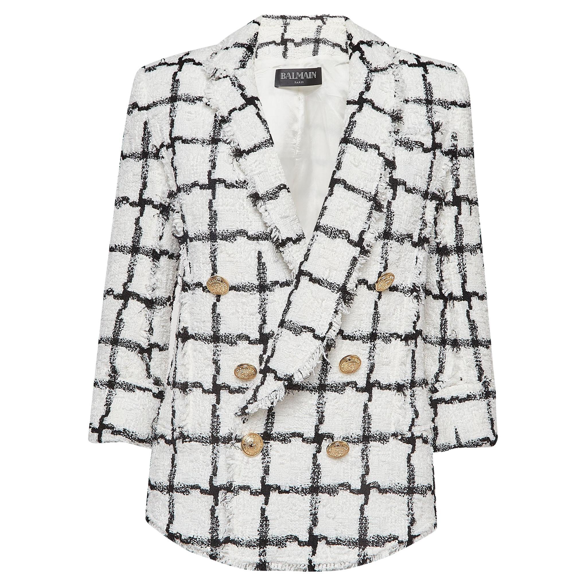 Balmain White/Black Checked Tweed Double Breasted Blazer S For Sale
