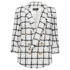 Balmain White/Black Checked Tweed Double Breasted Blazer S