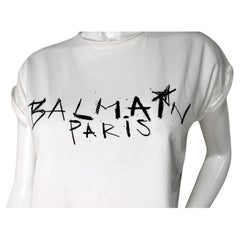 Balmain White & Black Graffiti Style Cotton Cropped T-Shirt