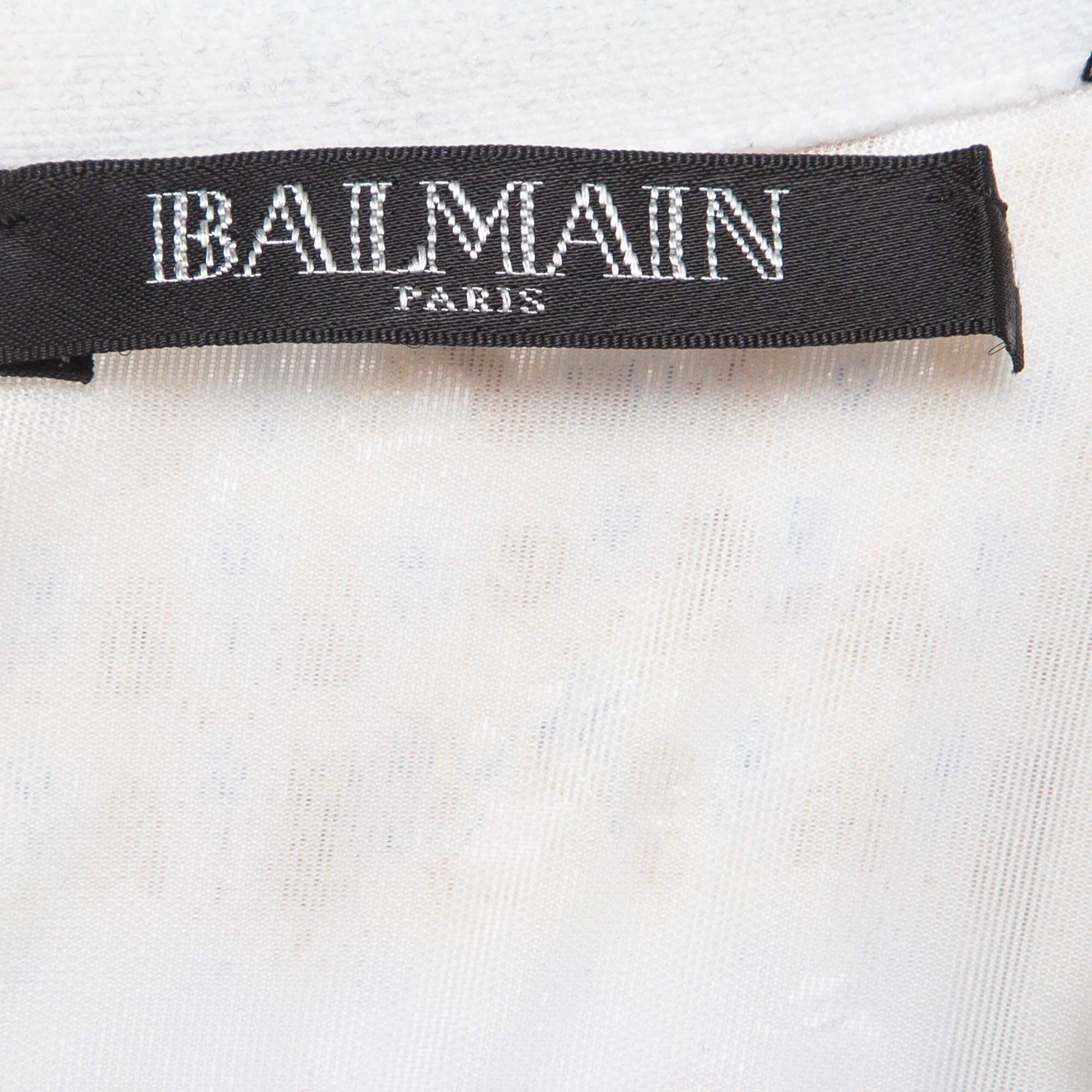 Women's Balmain White/Blue Metallic Bouclé-Tweed Button-Embellished Mini Dress M For Sale