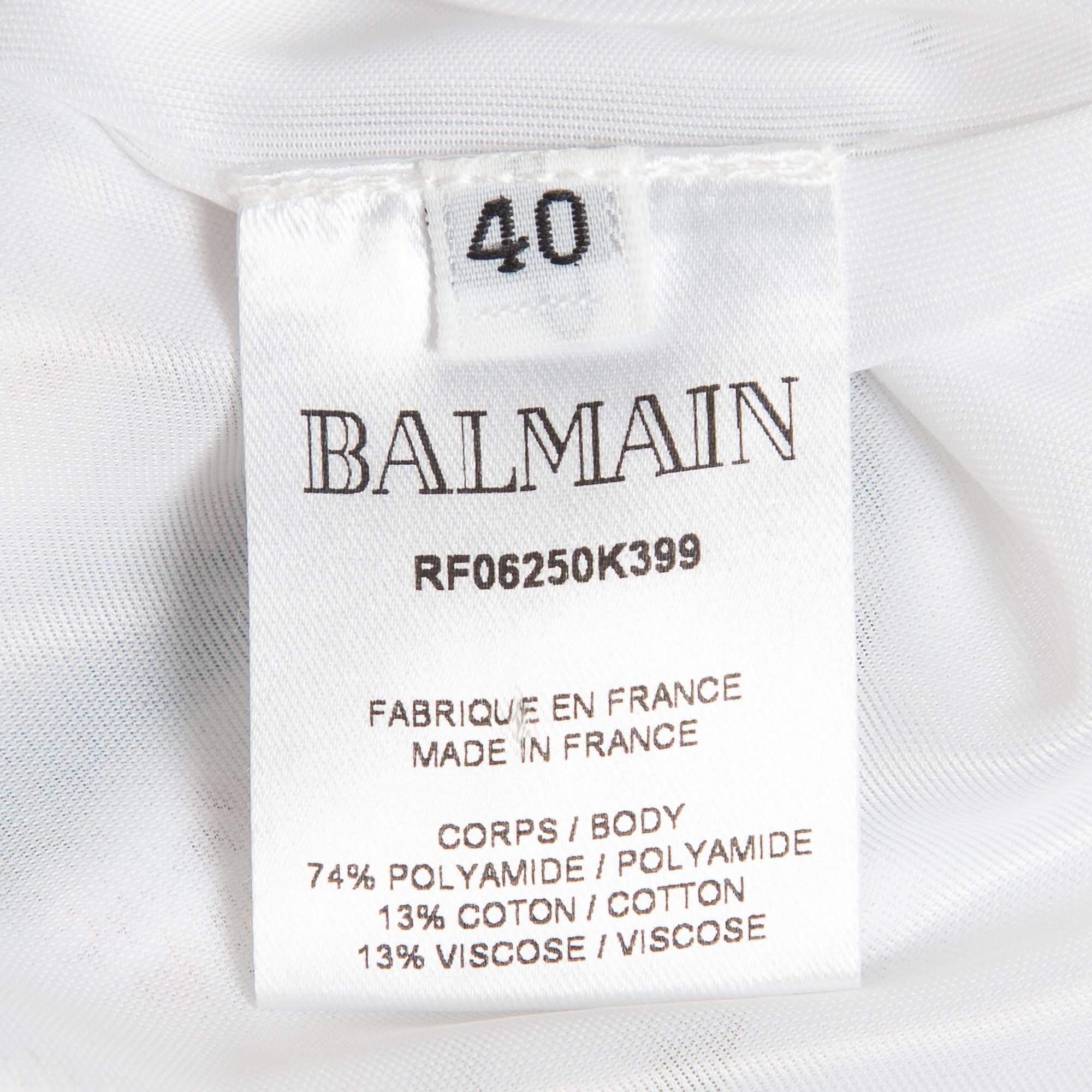 Balmain White/Blue Metallic Bouclé-Tweed Button-Embellished Mini Dress M For Sale 1