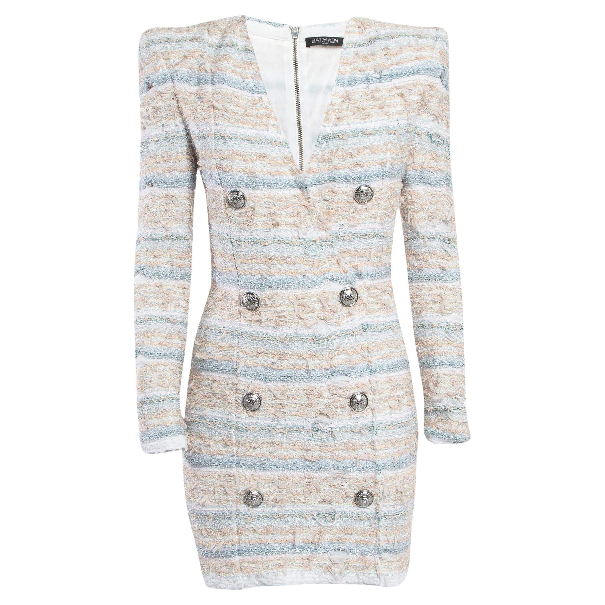 Balmain White/Blue Metallic Bouclé-Tweed Button-Embellished Mini Dress M For Sale
