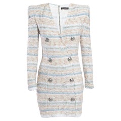 Balmain White/Blue Metallic Bouclé-Tweed Button-Embellished Mini Dress M