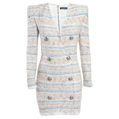 Balmain Weißes/blaues Bouclé-Tweed-Metallic-Minikleid mit Knopfverzierung M