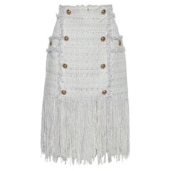 Balmain White Bouclé Tweed Fringed Skirt M