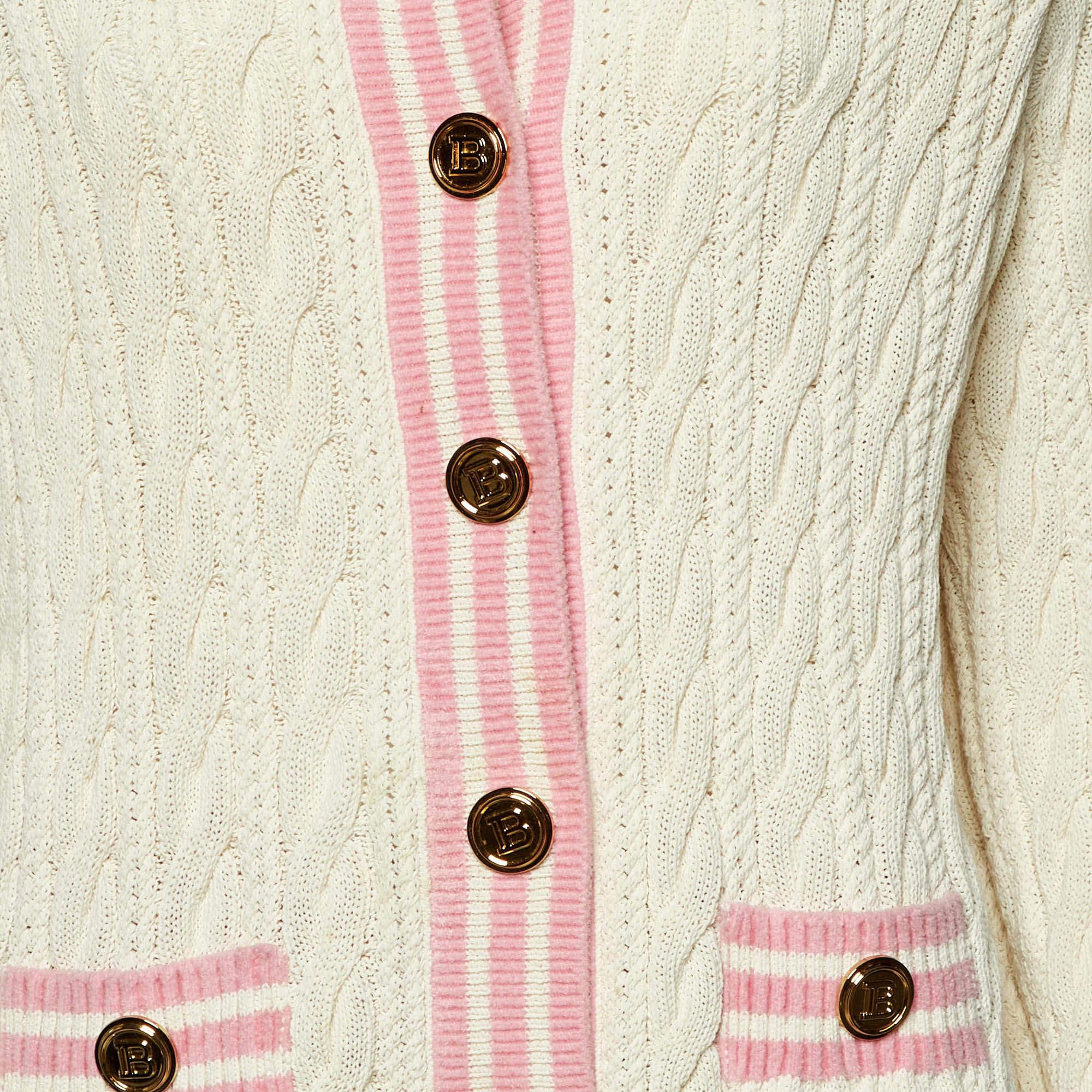 Balmain White Cable Knit Button Front Skirt & Cardigan Set L In Good Condition For Sale In Dubai, Al Qouz 2