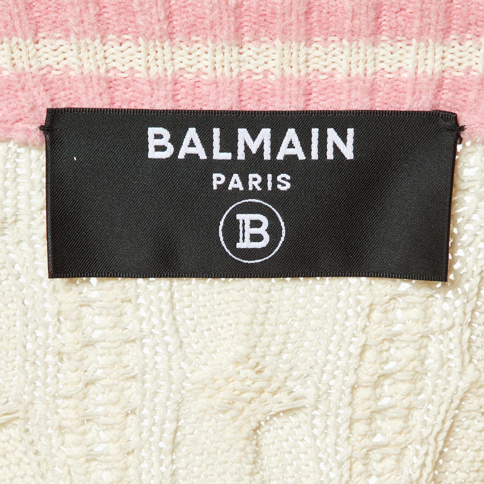 Balmain White Cable Knit Button Front Skirt & Cardigan Set L For Sale 2