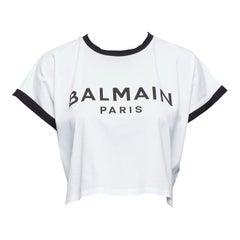 BALMAIN white cotton black big logo cropped ringer tshirt XS
