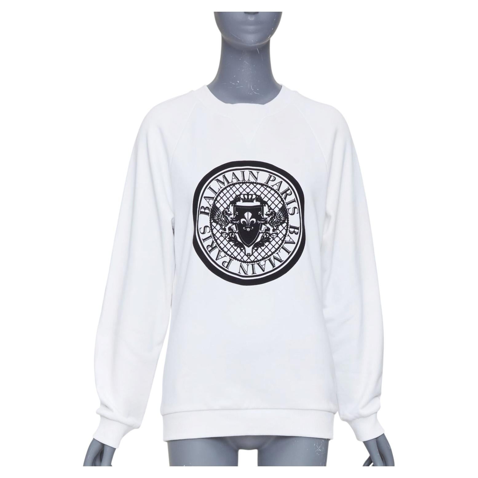 BALMAIN white cotton black flocked coin medallion logo print raglan sweatshirt
