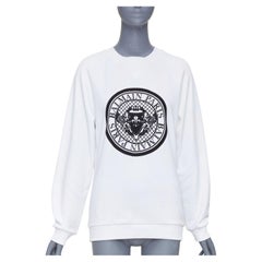 BALMAIN white cotton black flocked coin medallion logo print raglan sweatshirt