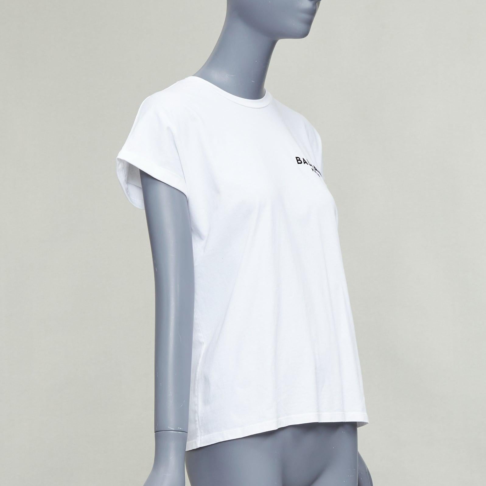 Gris BALMAIN blanc coton noir logo feutre imprimé capuchon manches roulées tshirt XS en vente