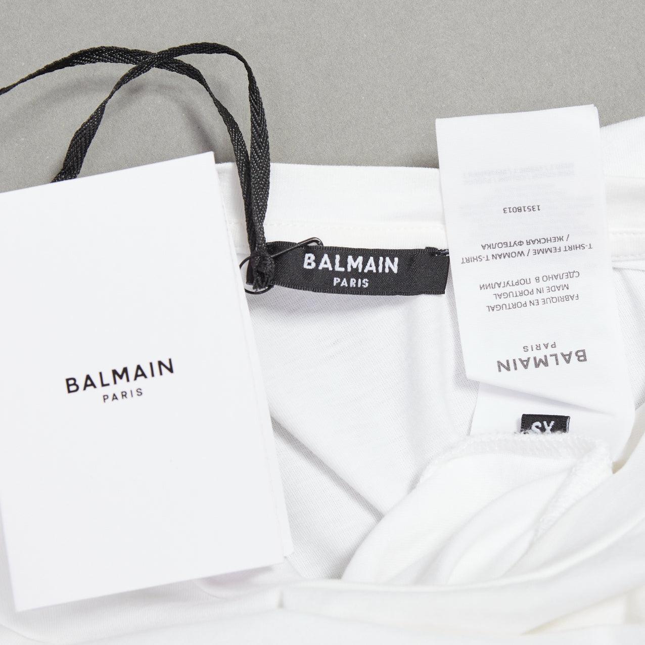 BALMAIN blanc coton noir logo feutre imprimé capuchon manches roulées tshirt XS en vente 3