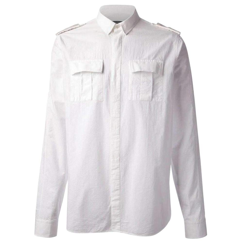 Balmain White Cotton Military Shirt For Sale