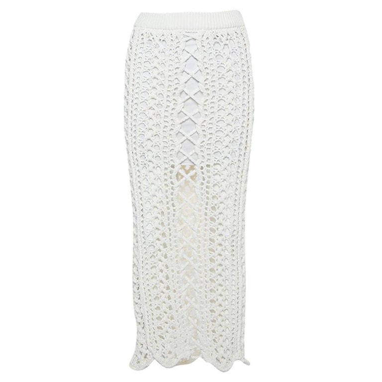 Balmain White Crochet Knit Midi Skirt S at 1stDibs