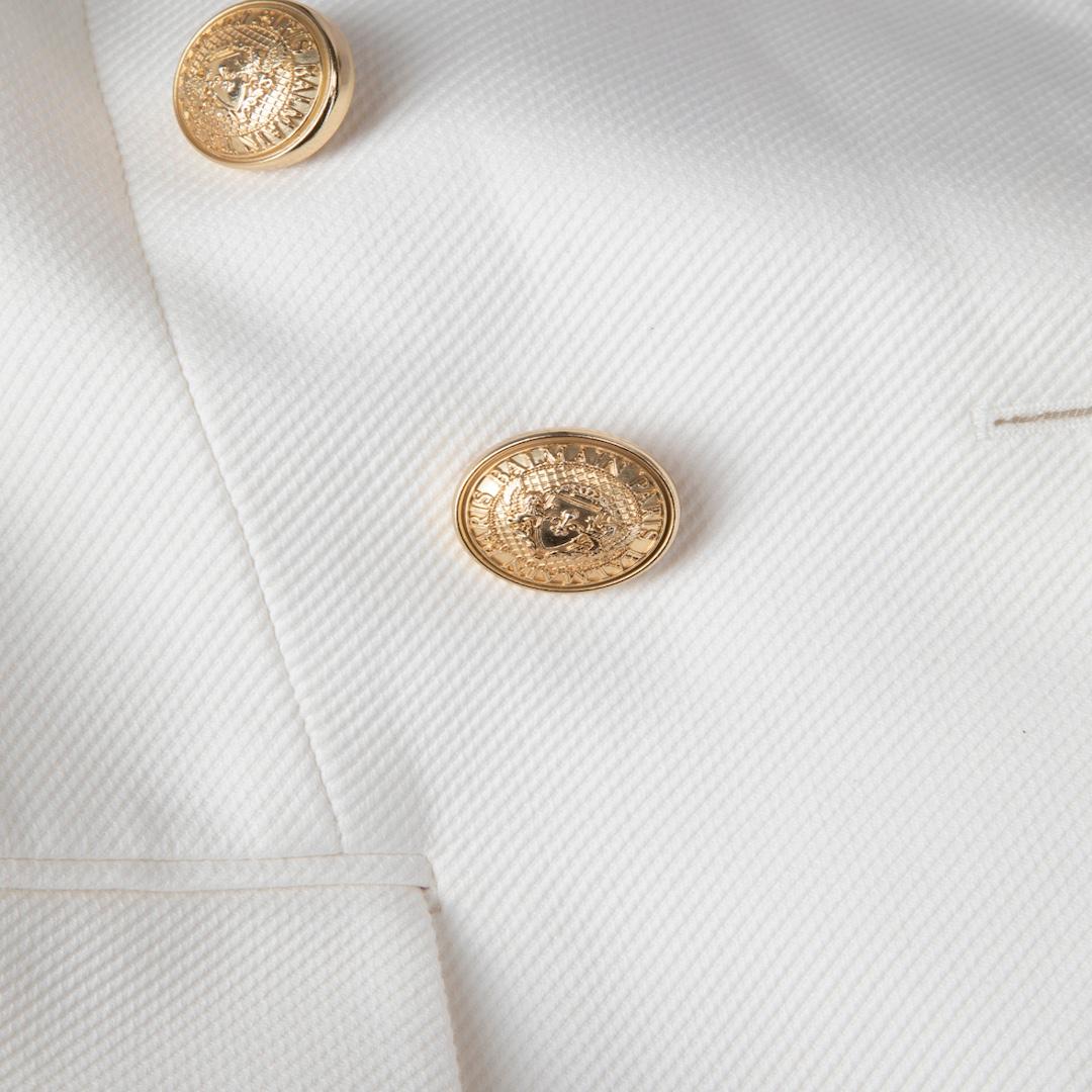 Beige Balmain White Double Breasted Gold Button Blazer Size XS For Sale