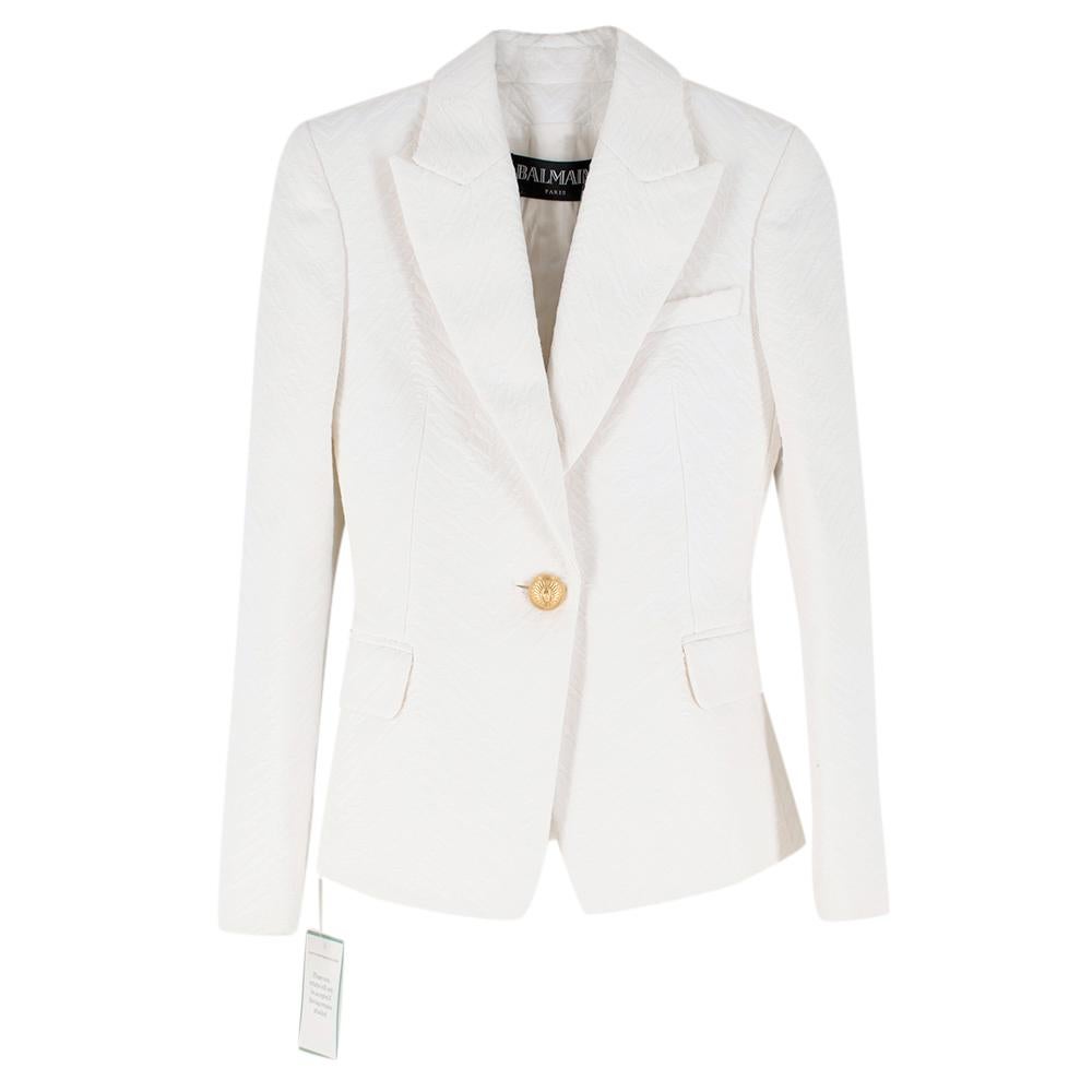 Balmain White Jacquard Blazer

- White, structured shouldered, Slim fit Polyamide & Cotton blazer 
- Matelasse patterned fabric
- Embossed Gold-tone button with five button gold cuffs on each side
- Two flat pockets, with one pocket inside

Please