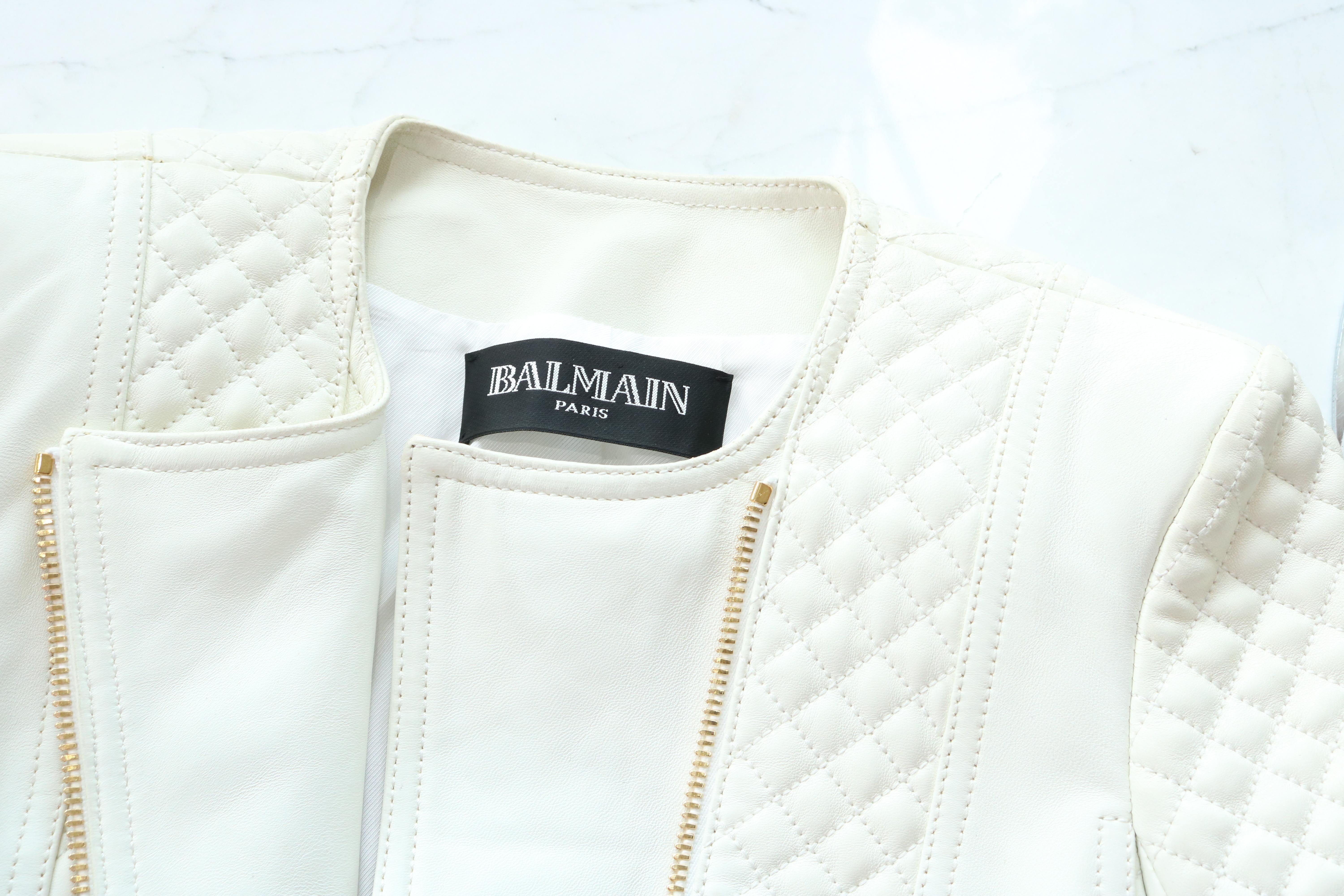 Balmain 
White Leather Motorcycle style Jacket 
Gold Zippers 
Super Chic 
NWT 
Retail $3,000 + 
Size 38