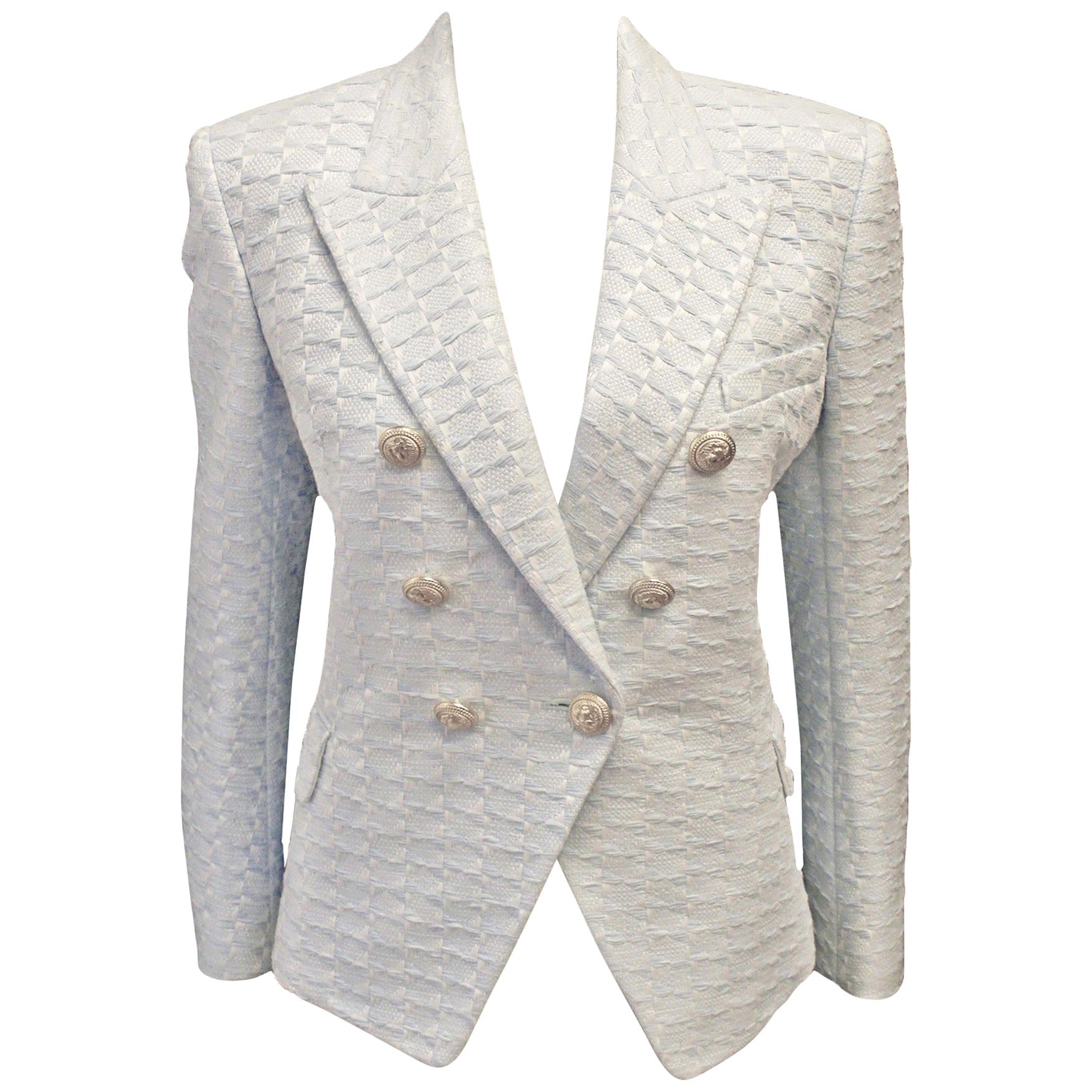 Balmain White & Light Blue Tweed Jacket 44 EU