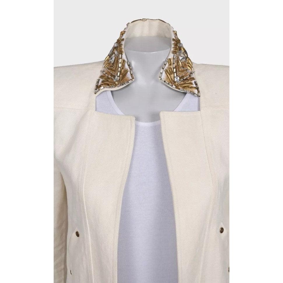 Grigio Balmain White Linen Crystal Trim Jacket - Size M (FR38) in vendita