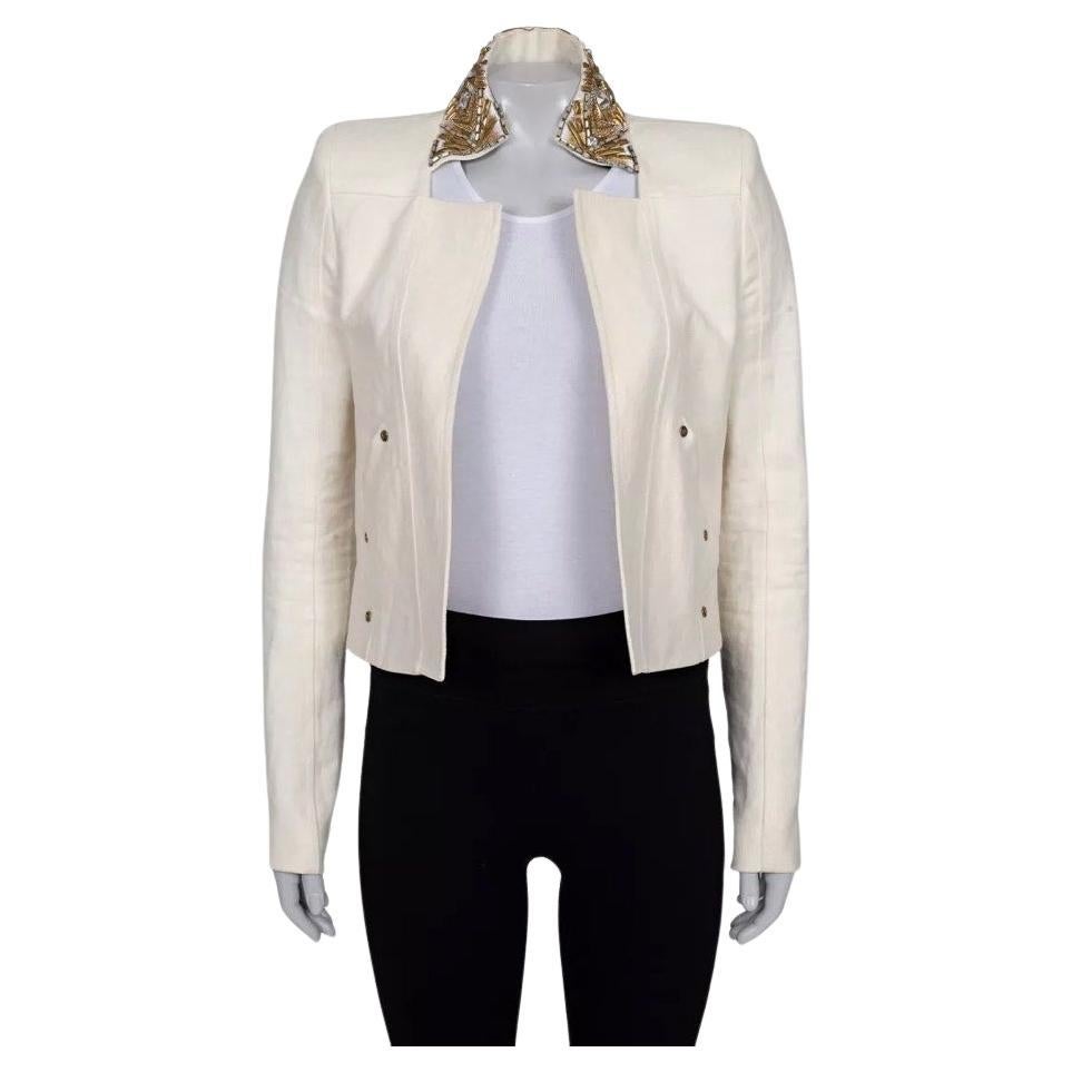 Balmain White Linen Crystal Trim Jacket - Size M (FR38)