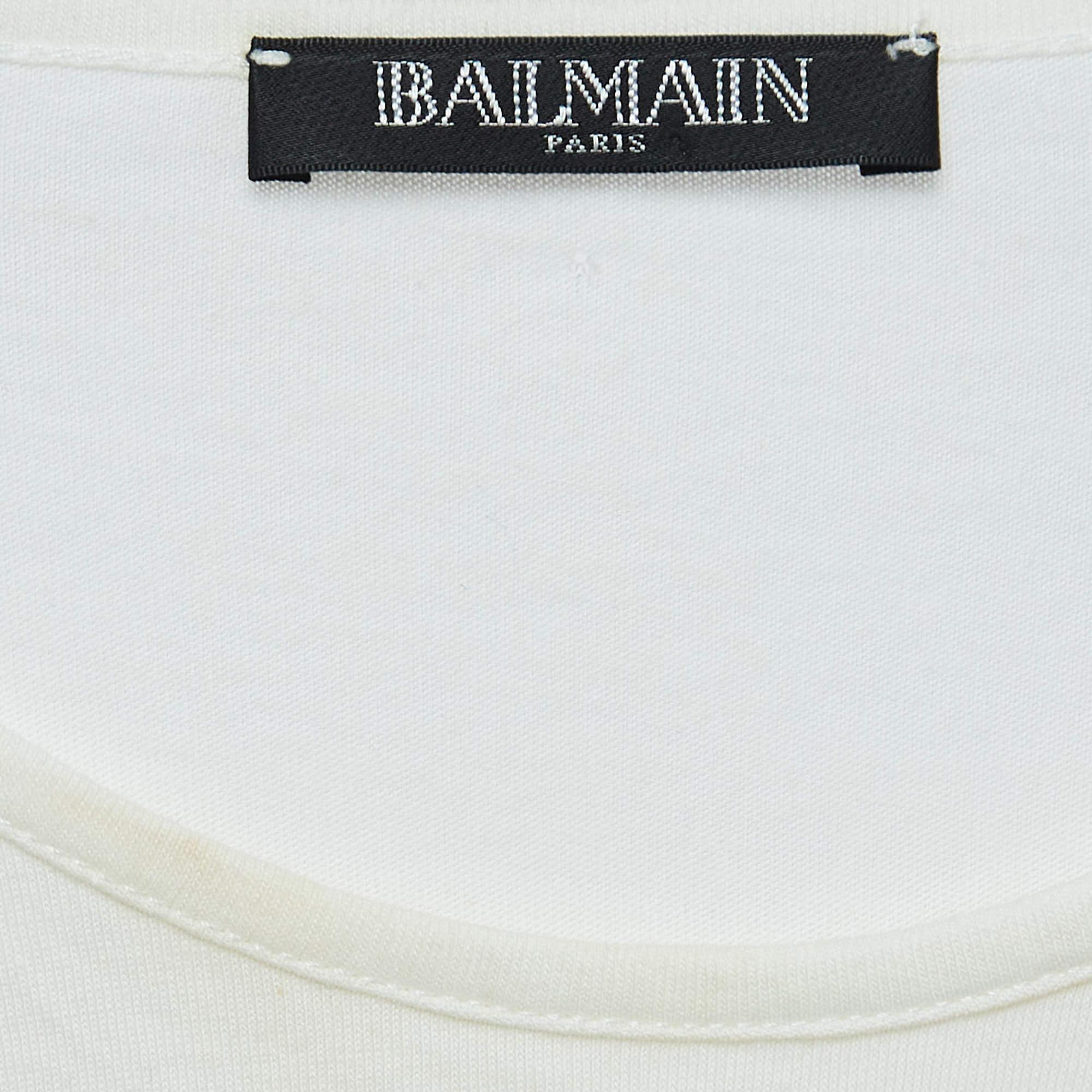 Balmain White Logo Print Distressed Cotton Button Detailed Tank Top M For Sale 2