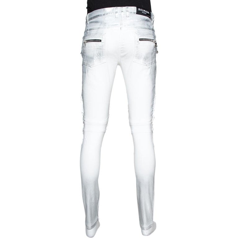 Balmain White Metallic Foil Distressed Skinny Biker Jeans M at | white balmain jeans, white biker jeans, balmain jeans white