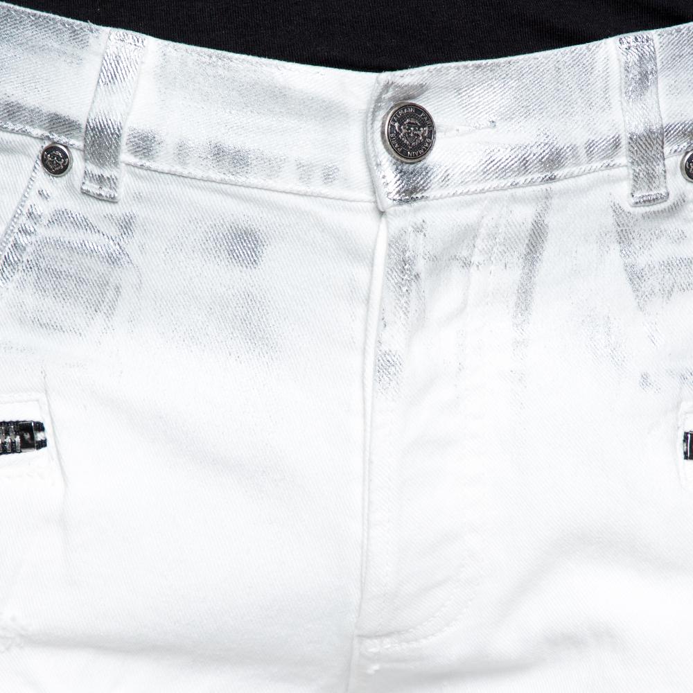 Gray Balmain White Metallic Foil Print Distressed Skinny Biker Jeans M