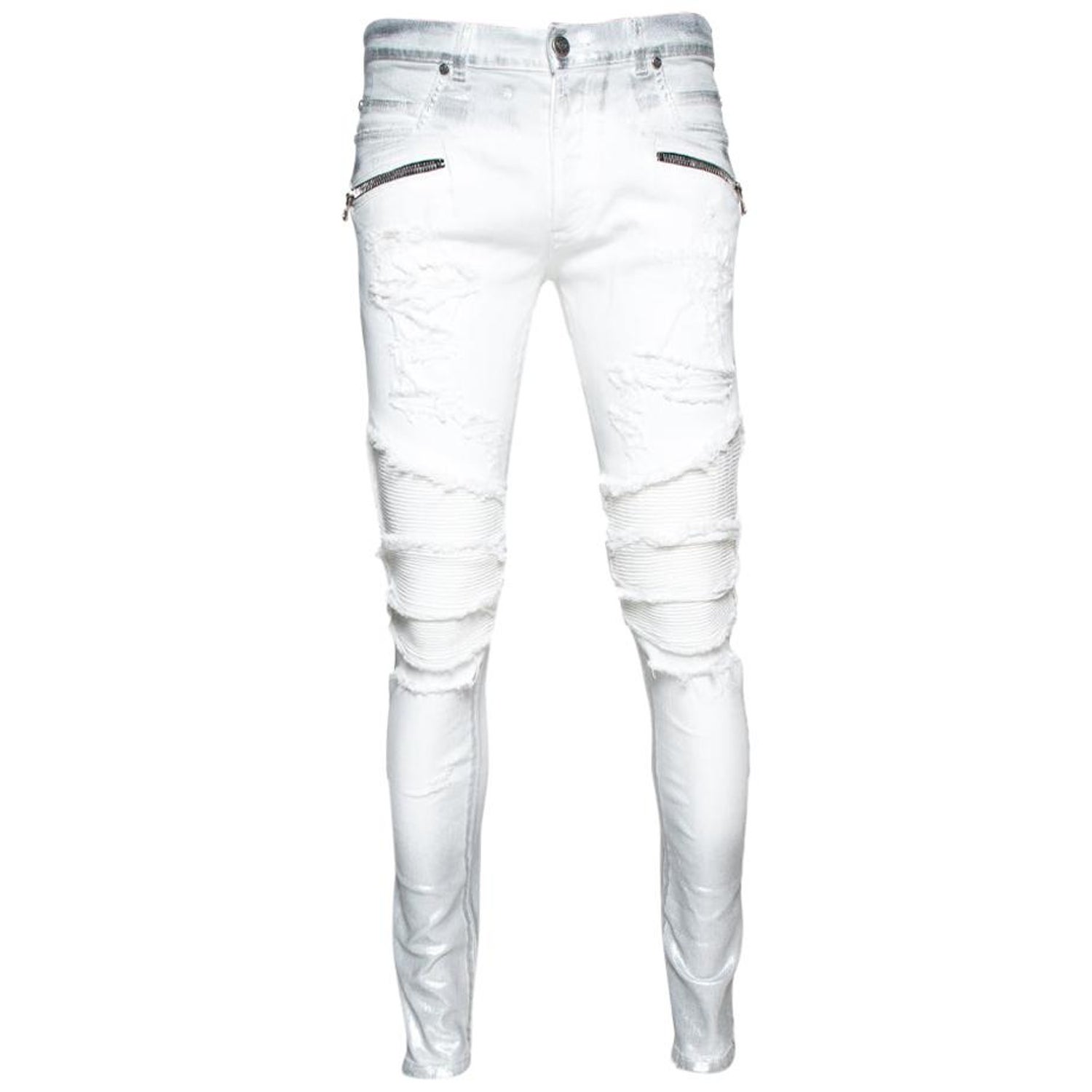 Balmain White Metallic Foil Print Distressed Skinny Biker Jeans M at  1stDibs | white balmain jeans, white biker jeans, balmain jeans white