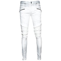 Used Balmain White Metallic Foil Print Distressed Skinny Biker Jeans M