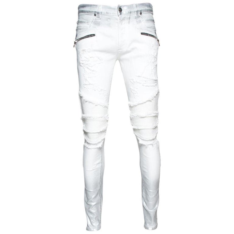 Balmain White Metallic Foil Print Distressed Skinny Biker Jeans M at 1stDibs
