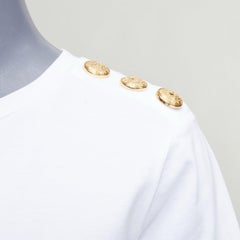 BALMAIN white metallic gold foil logo print button shoulder tshirt FR38 M