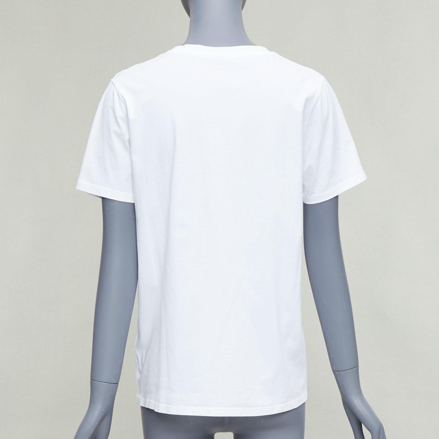 Donna Balmain bianco metallizzato oro stampa logo con bottoni sulla spalla tshirt FR38 M in vendita
