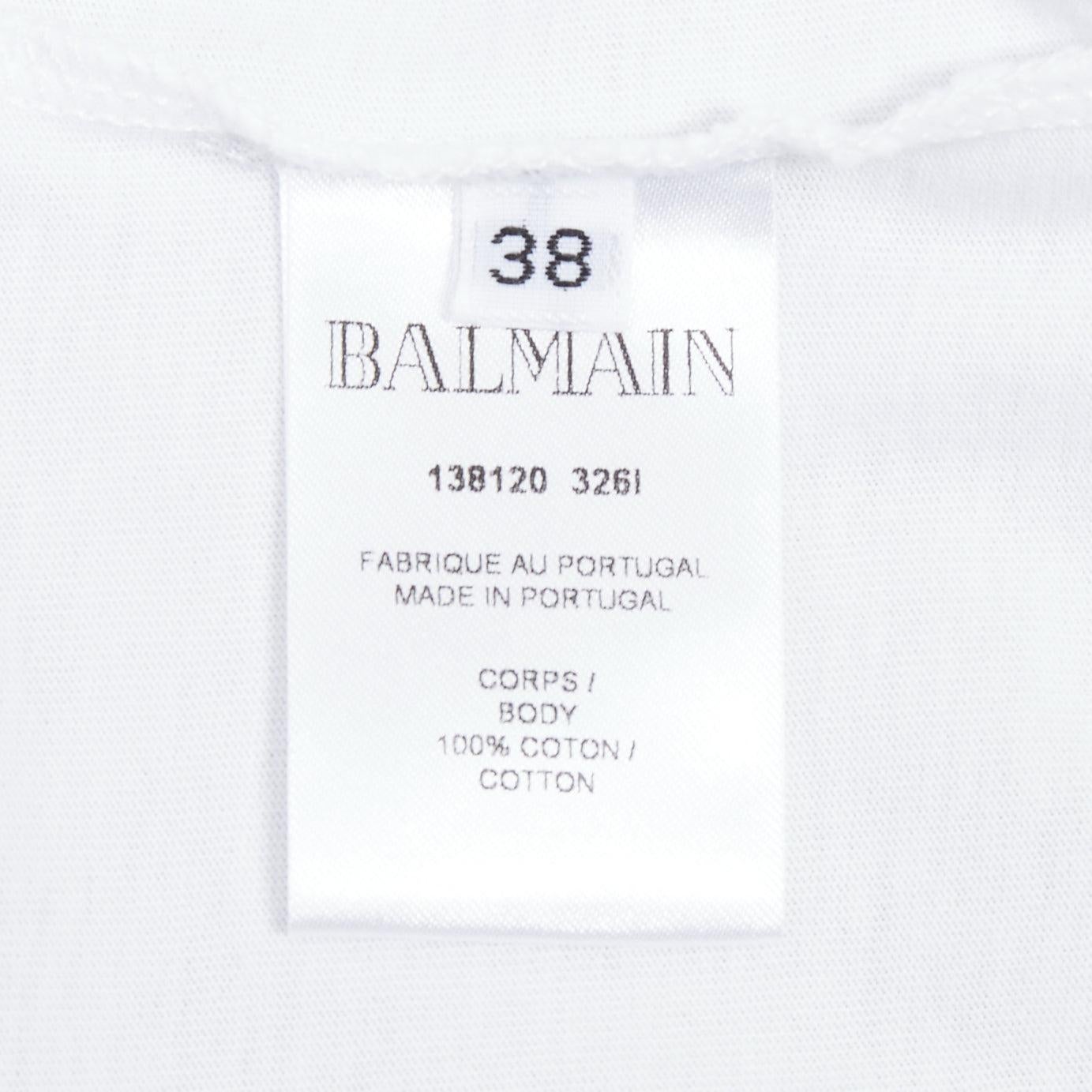 Balmain bianco metallizzato oro stampa logo con bottoni sulla spalla tshirt FR38 M in vendita 3