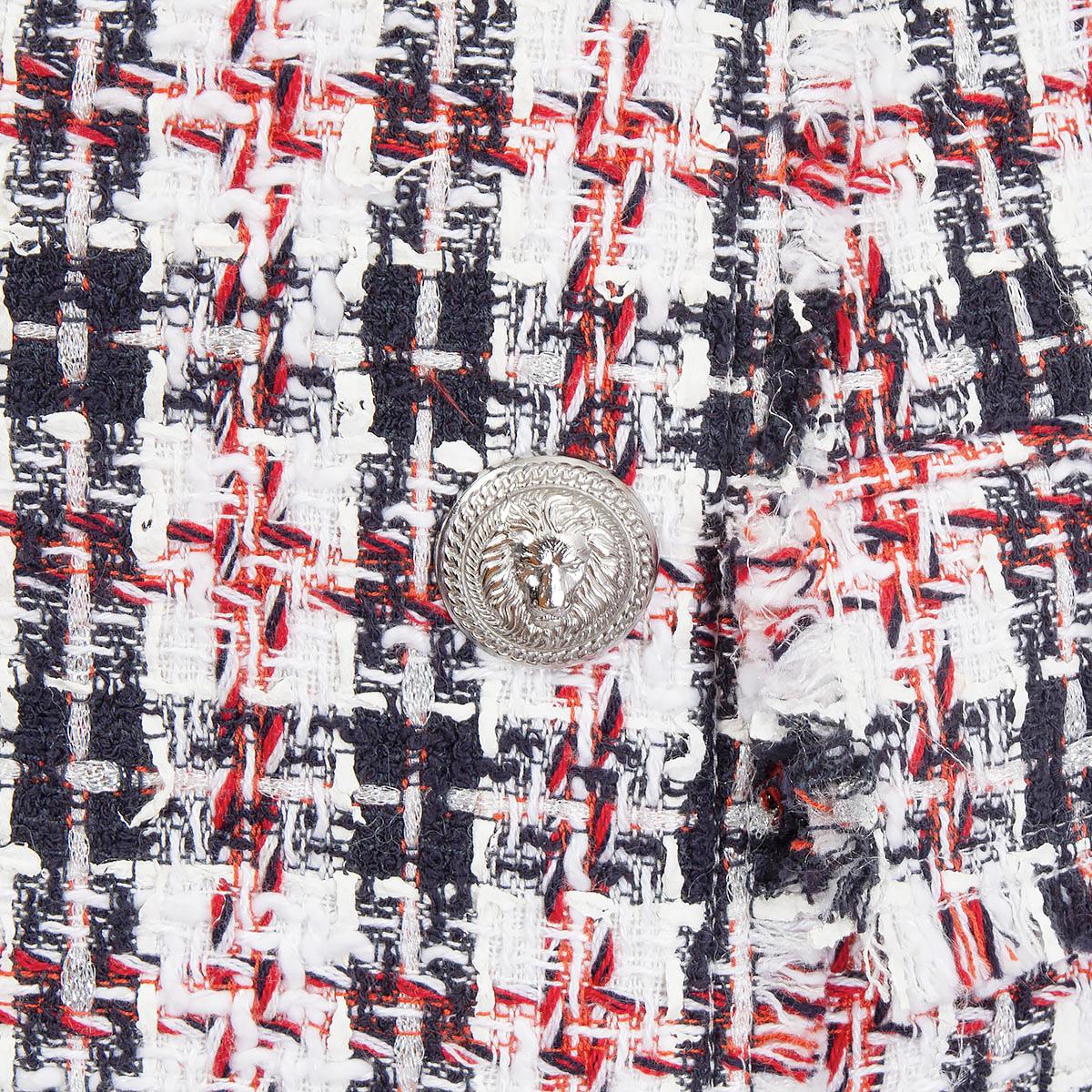 Gray BALMAIN white red black cotton FRAYED METALLIC PLAID TWEED MINI Skirt 38 S For Sale