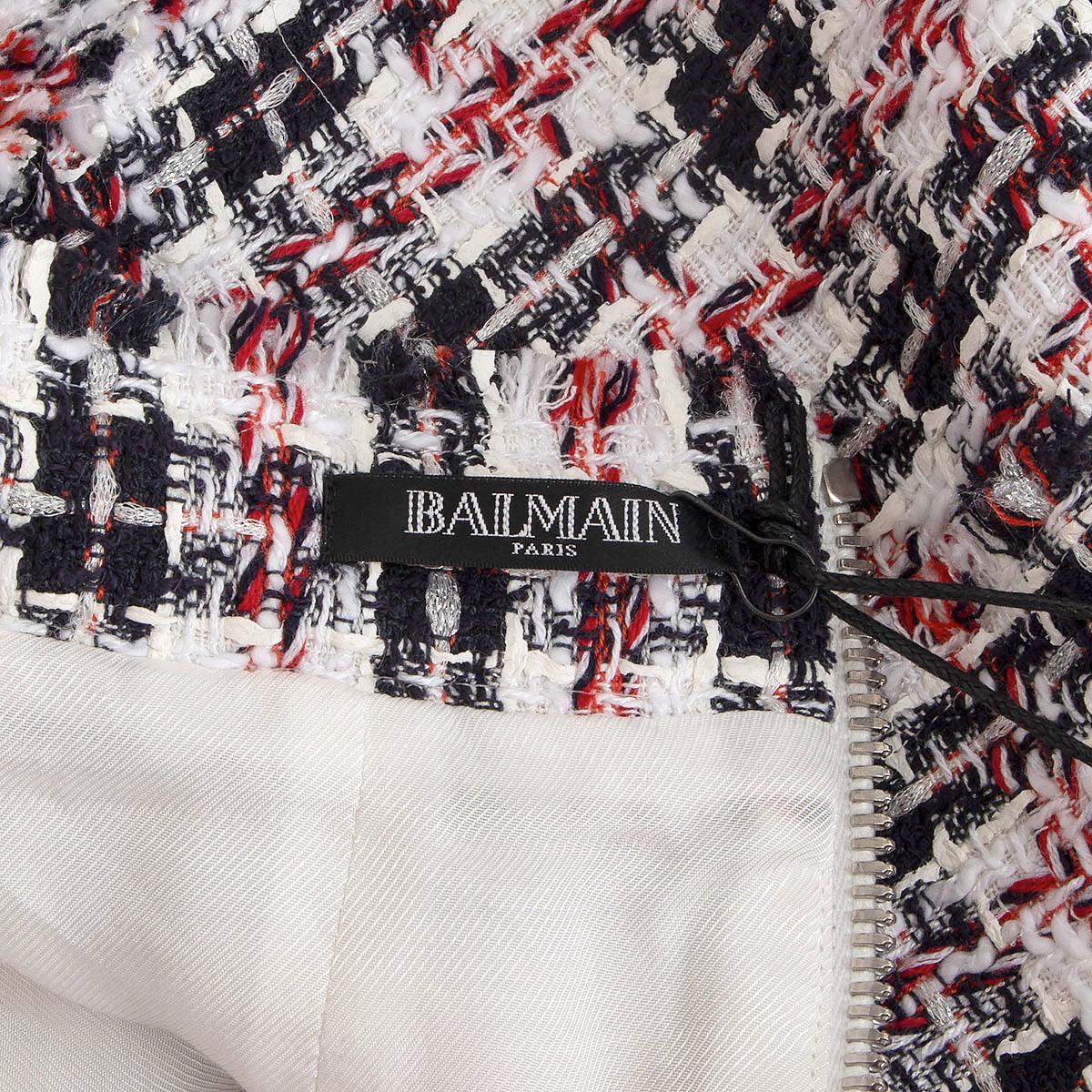 BALMAIN white red black cotton FRAYED METALLIC PLAID TWEED MINI Skirt 38 S In Excellent Condition For Sale In Zürich, CH