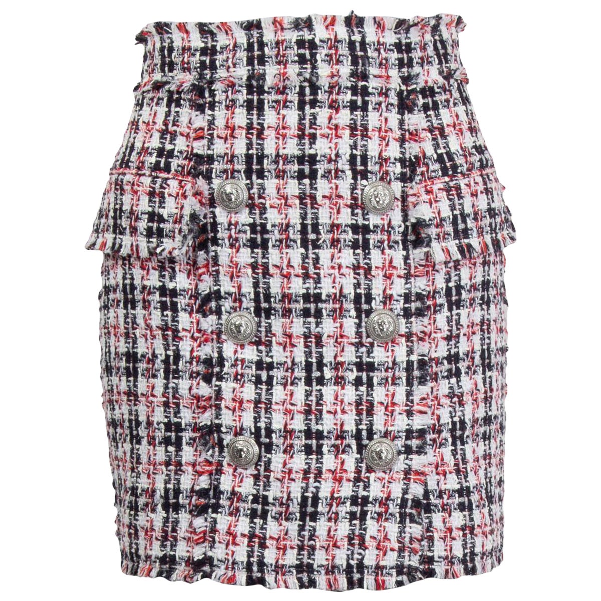 BALMAIN bianco rosso nero cotone FRAYED METALLIC PLAID TWEED MINI Gonna 38 S. White