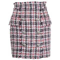 BALMAIN weiß rot schwarz Baumwolle FRAYED METALLIC PLAID TWEED MINI Rock 38 S