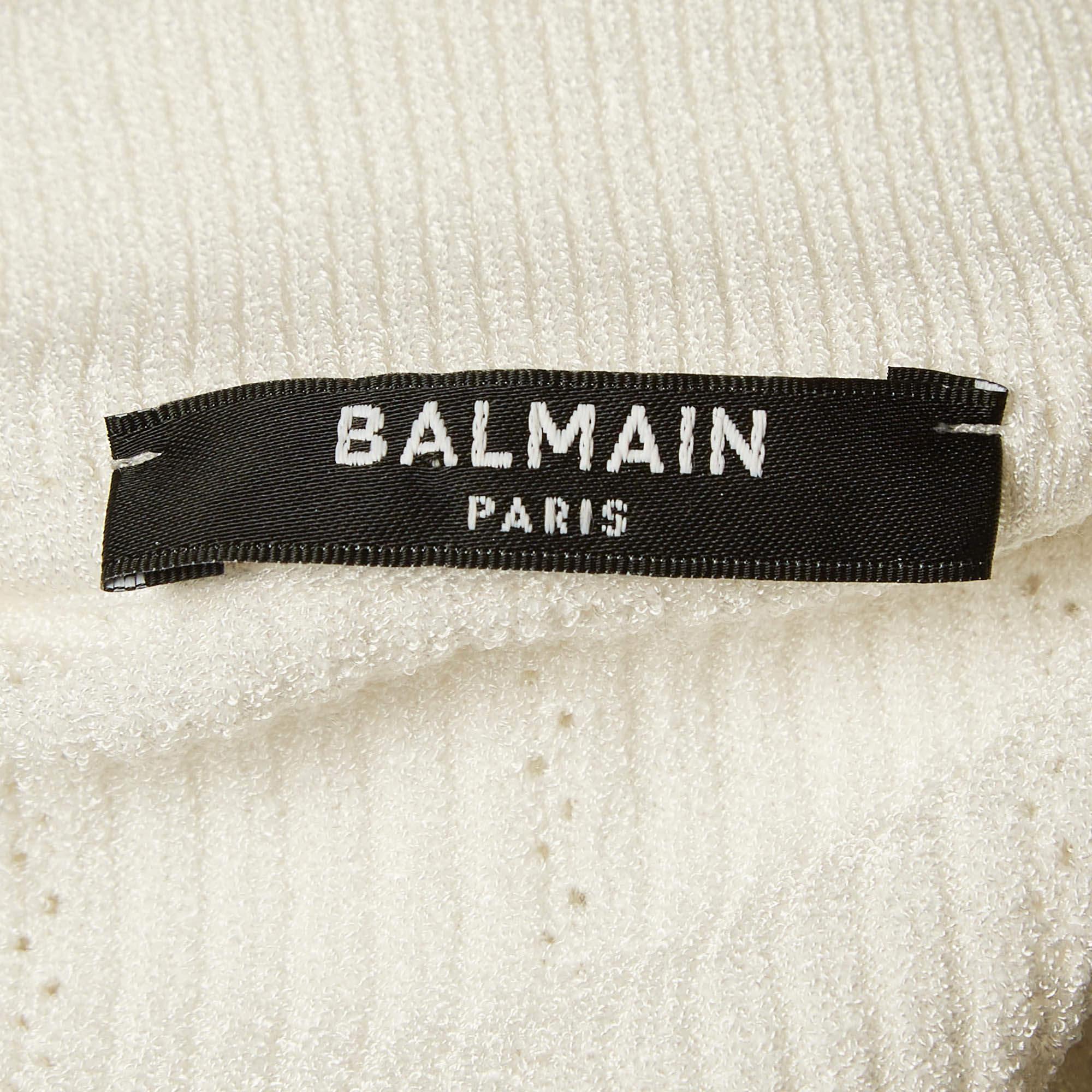 Pull à col roulé Balmain, épaules structurées et tricot côtelé blanc M Excellent état - En vente à Dubai, Al Qouz 2