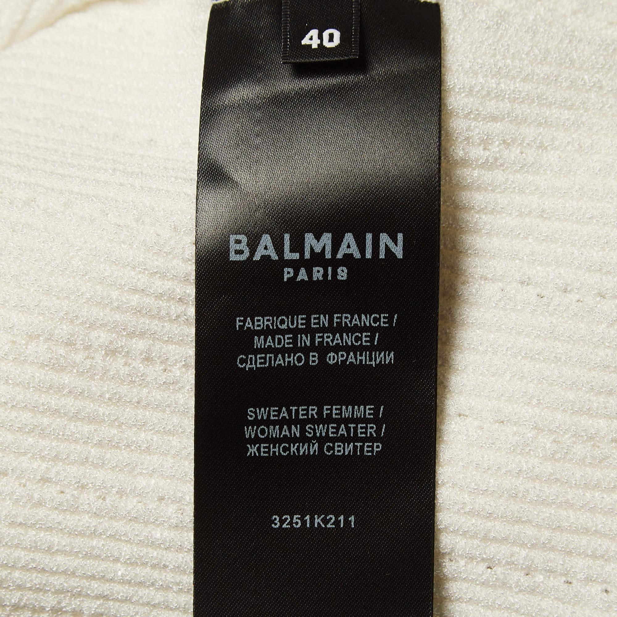 Pull à col roulé Balmain, épaules structurées et tricot côtelé blanc M Pour femmes en vente