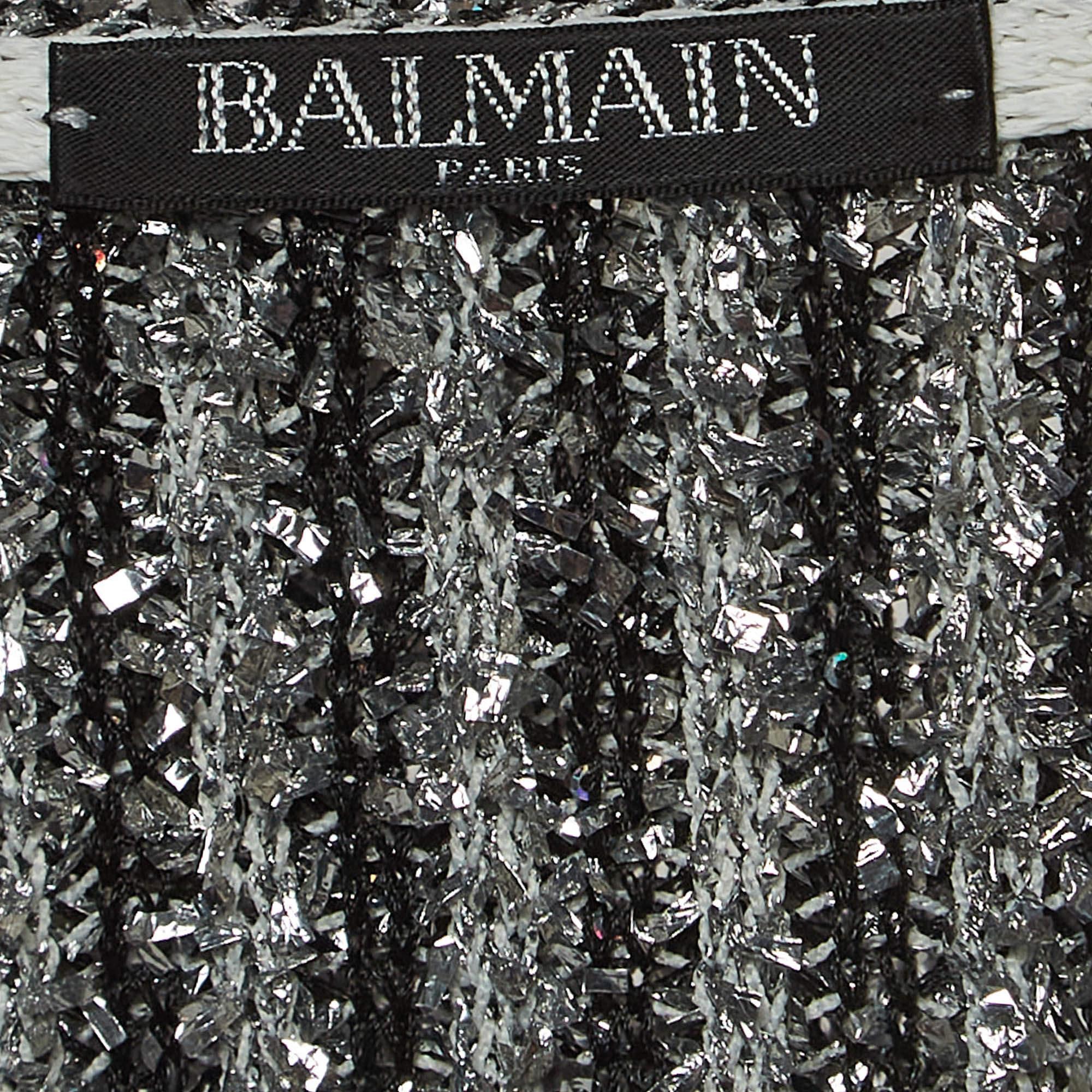 Balmain White/Silver Striped Knit Fringed Open Jacket M In Good Condition In Dubai, Al Qouz 2