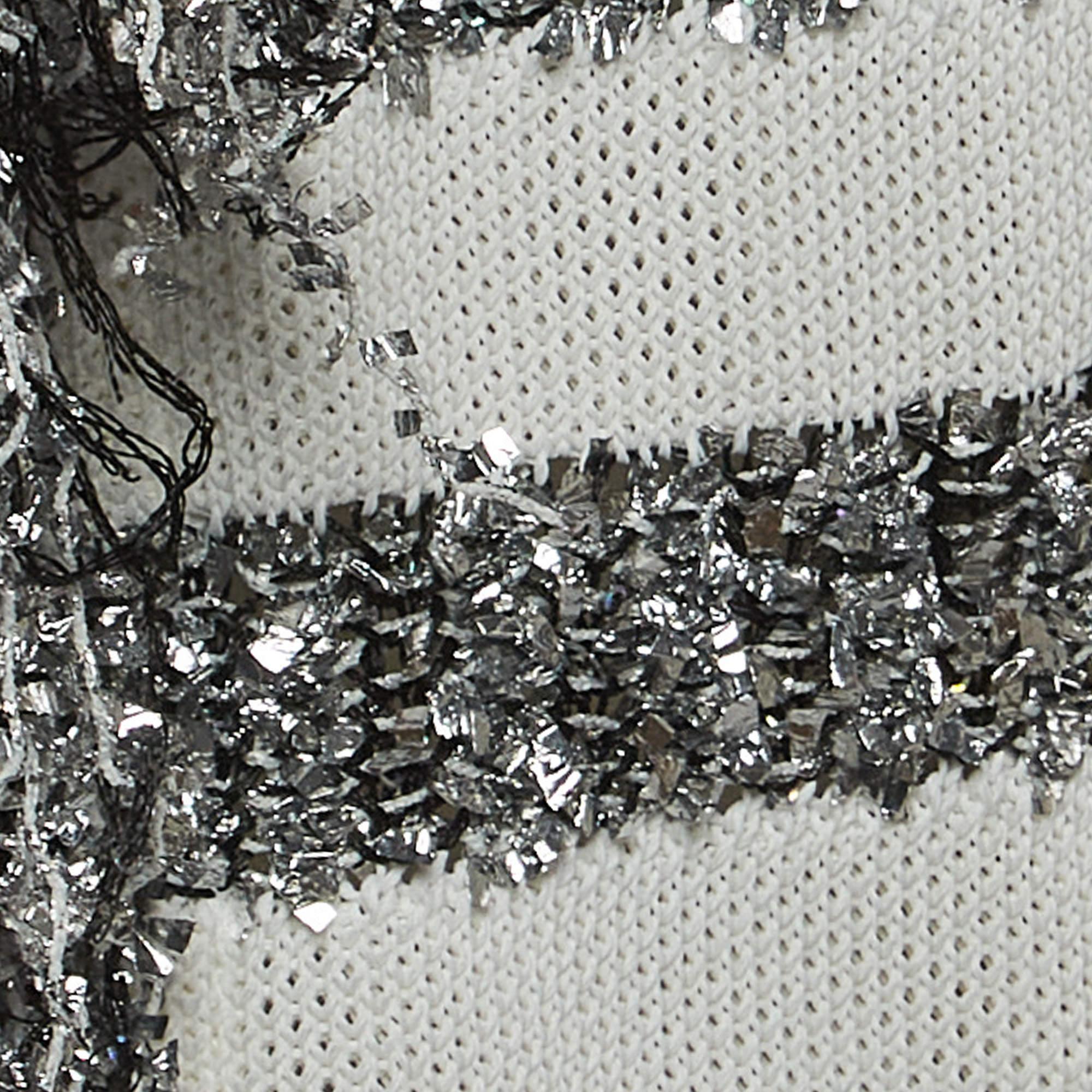 Women's Balmain White/Silver Striped Knit Fringed Open Jacket M