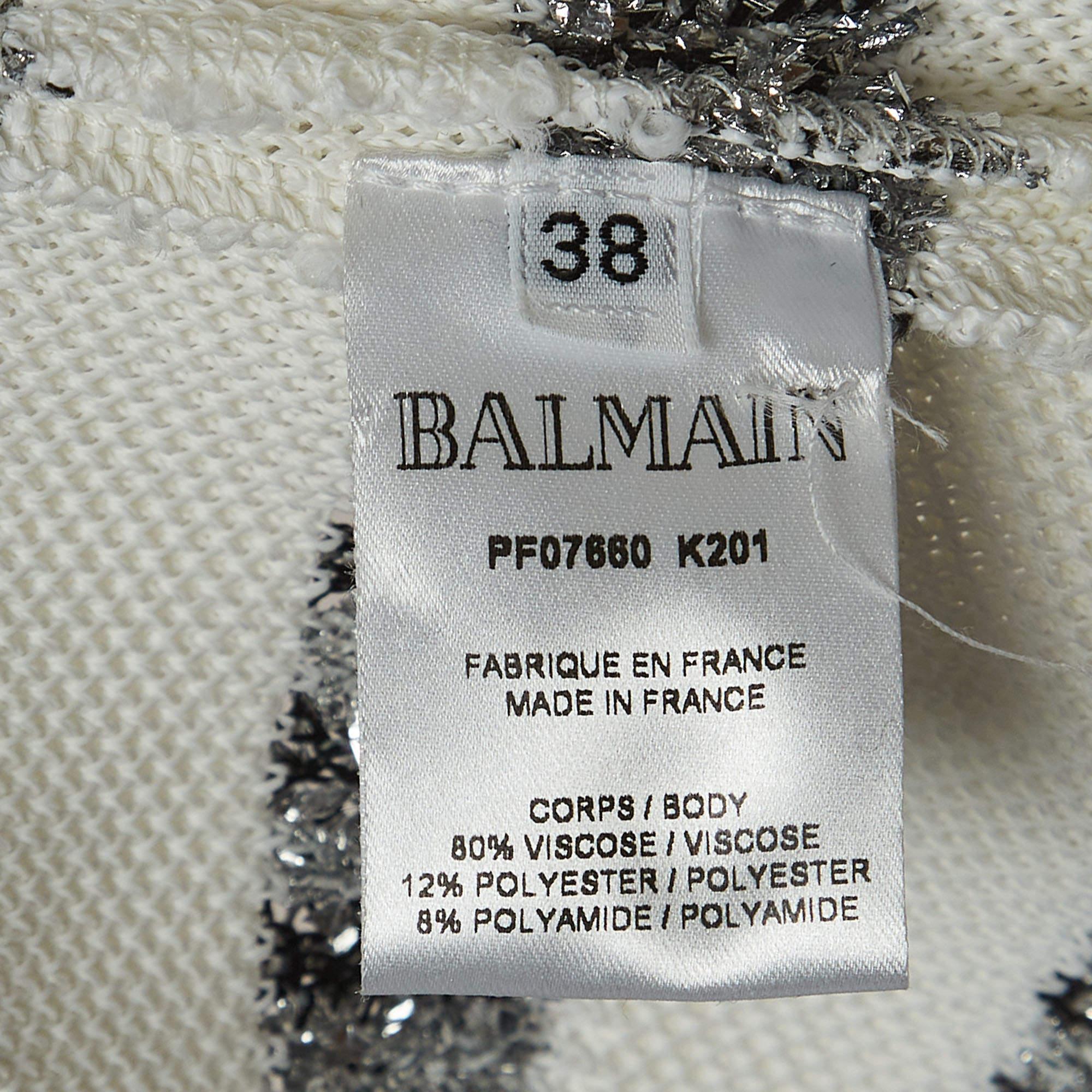 Balmain White/Silver Striped Knit Fringed Open Jacket M 1