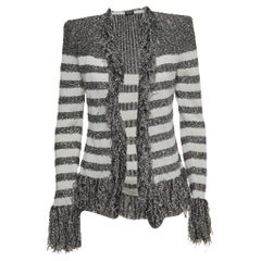 Balmain White/Silver Striped Knit Fringed Open Jacket M